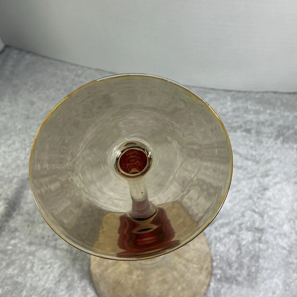 VTG Unique European Art Glass Tall Amber Gold  Red Jewel Martini Red Stem 10
